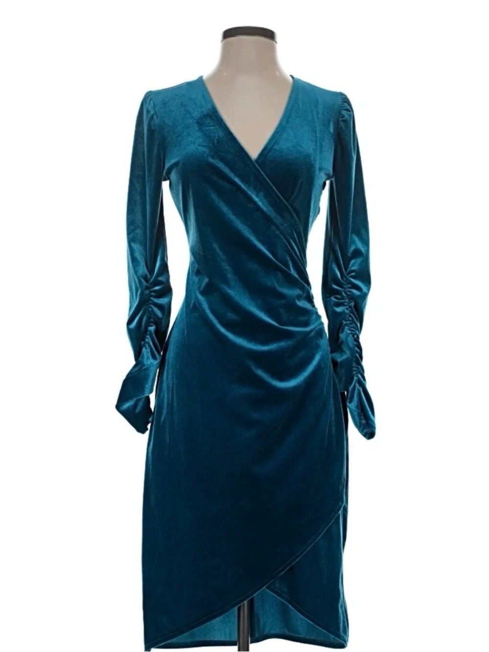 Gigi Parker Teal Blue Velvet Dress Ruched Long Sleeve Size XL Like New